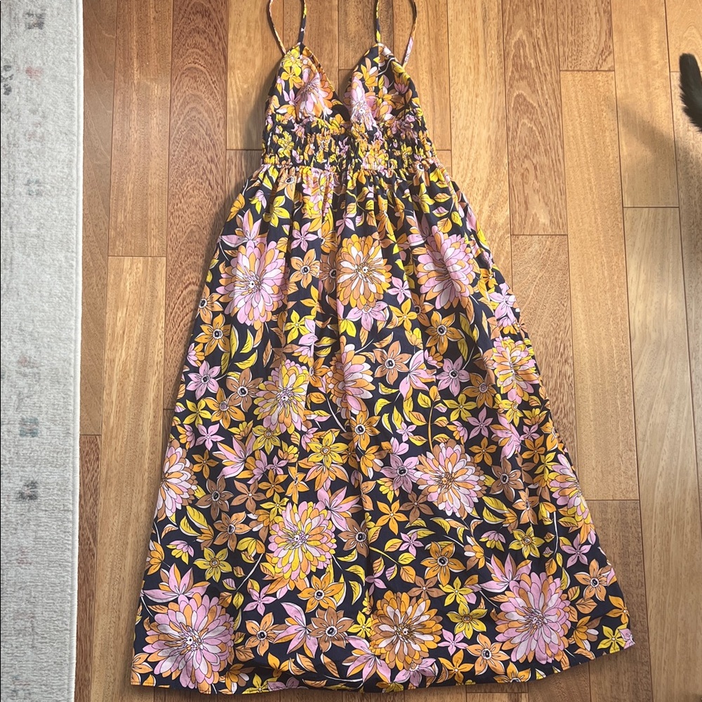 J Crew V-neck smocked-waist cotton poplin dress in dusk floral - Picture 2 of 8